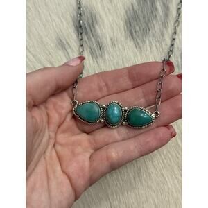Sterling Silver Kingman Turquoise 3 Stone Bar Link Necklace Braided 20”